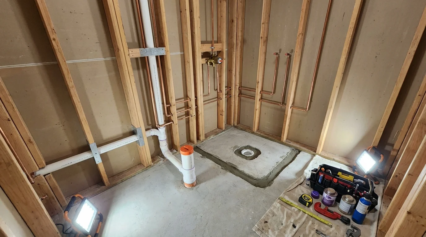 Bathroom rough-in plumbing during remodel by Johns Plumbing LLC in Gloversville