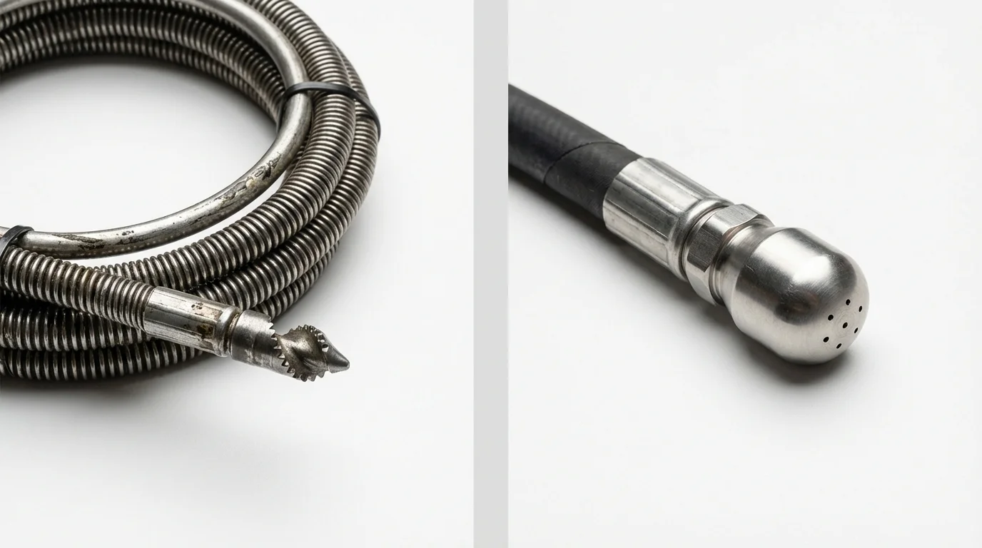 Drain snake cable and hydro jetting nozzle used for drain cleaning in Gloversville, NY