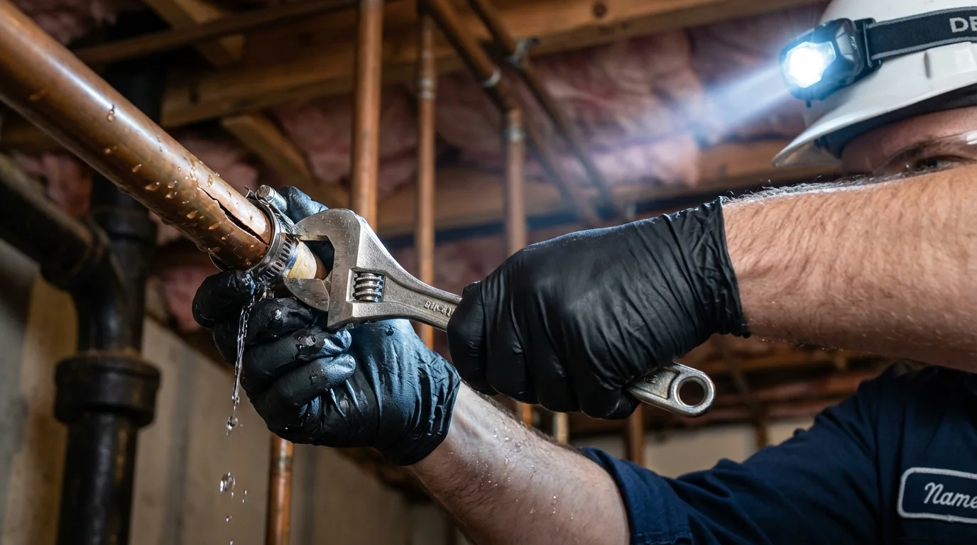 Emergency pipe clamp repair being performed by a Johns Plumbing LLC plumber in Gloversville