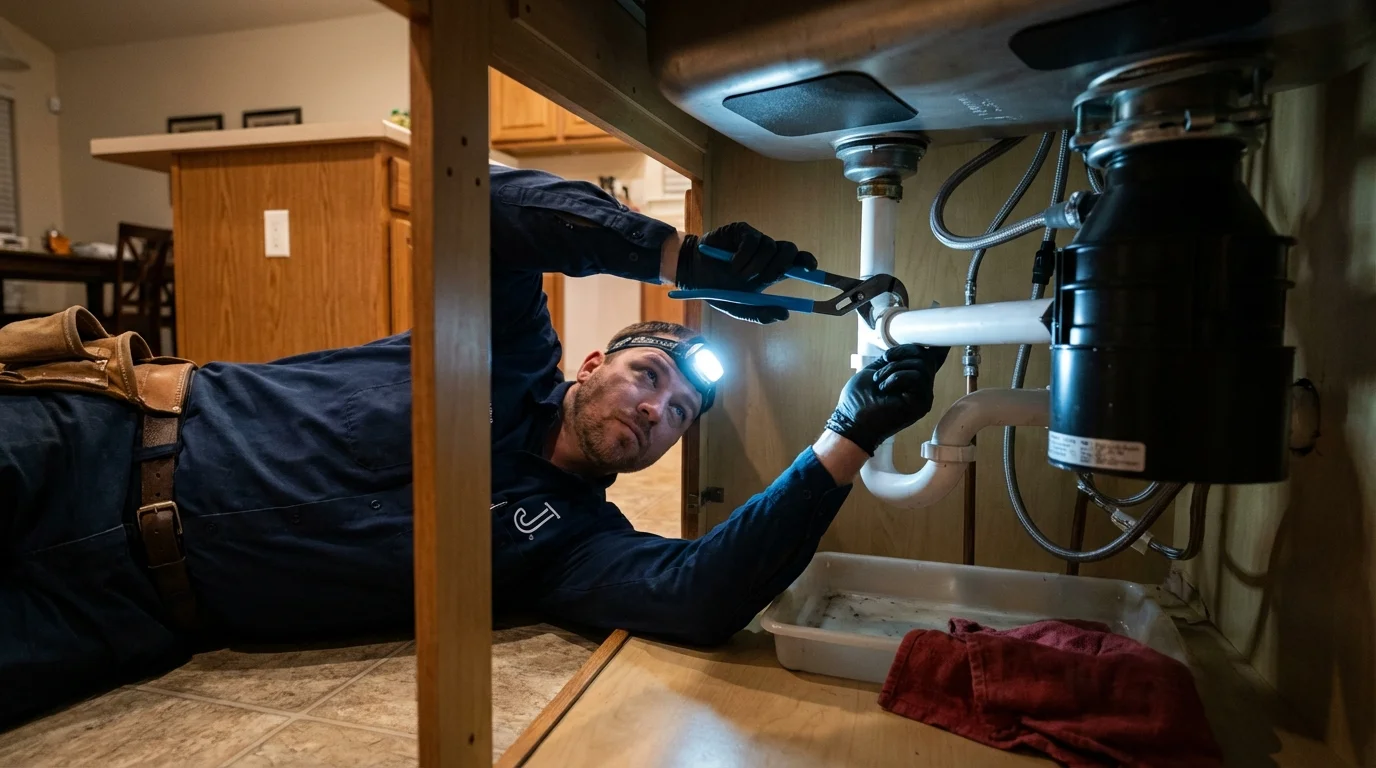 P-trap and supply line connections under a kitchen sink showing a common leak point in Gloversville, NY